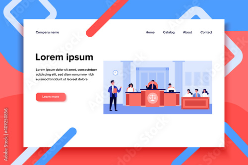 Lawyer speaking in front of judges and attorney in court isolated flat vector illustration. Cartoon men and women sitting in courtroom during trial. Judgment, justice and law concept