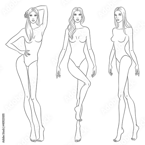 Beautiful slim women sketch, vector illustration. Nine head fashion figure templates. Fashion models walking on the podium.