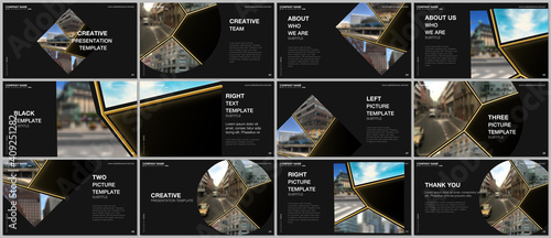 Presentation design vector templates, multipurpose template for presentation slide, flyer, brochure cover design. Abstract black and golden project with clipping mask, geometric shapes for your photo.
