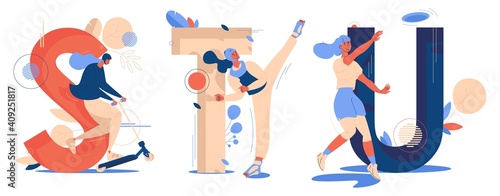 Letters S for scooter riding, T for taekwondo, U for ultimate sport. Educative illustrations collection with women training and having fun being active. Concept abc characters