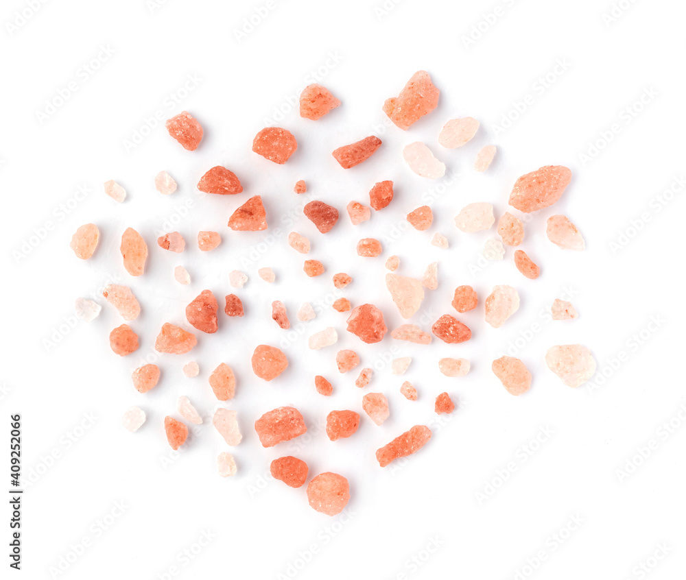 Himalaya or Himalayan rock salt isolated on white background, Top view