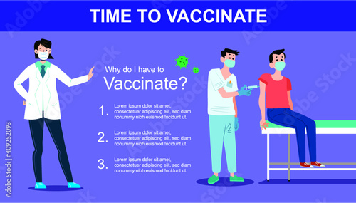 It's time to get coronavirus COVID vaccinated. Modern flat web design concept. Doctor Put Injection to Patients. coronavirus vaccine information