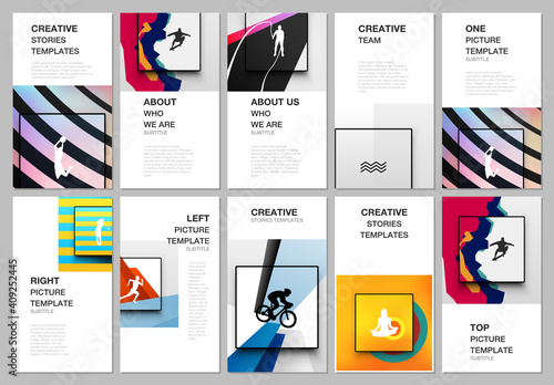 Social networks stories design, vertical banner or flyer templates. Covers templates for flyer, leaflet, brochure, banner. Abstract sport backgrounds in unique style for sport event, fitness design.