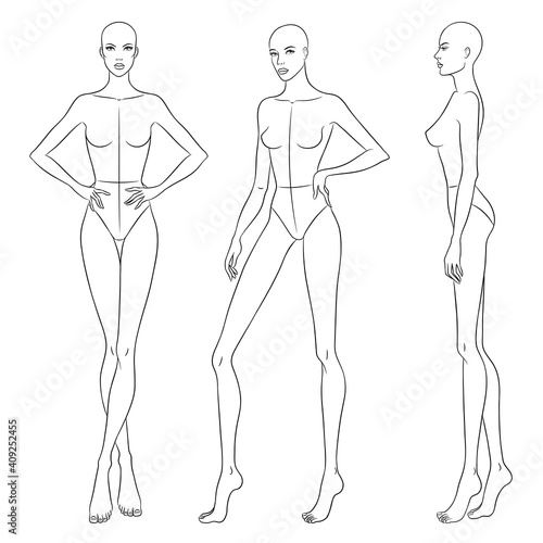 Beautiful slim woman in different poses, vector illustration. Nine head fashion figure template. Female body, front, side and back views.