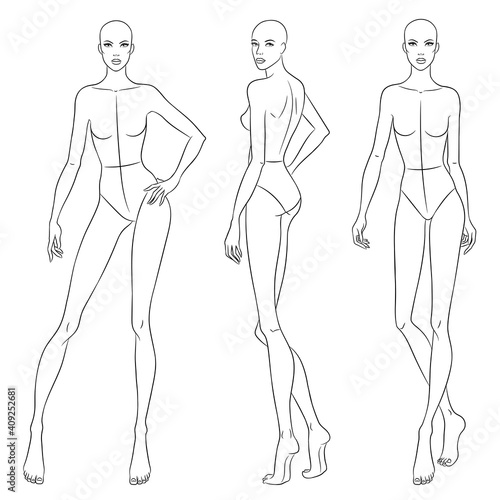 Beautiful slim woman in different poses, vector illustration. Nine head fashion figure template. Female body, front, side and back views.
