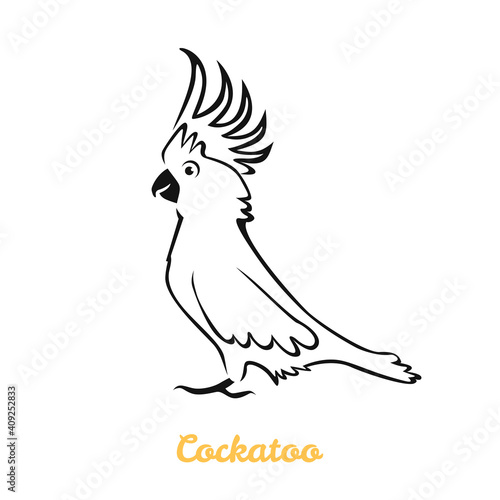 Cockatoo parrot vector cartoon illustration. Black and white silhouette, outline. Australian bird icon.