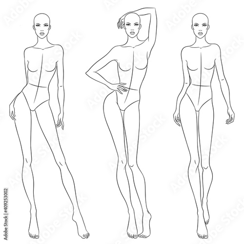 Beautiful slim woman in different poses, vector illustration. Nine head fashion figure template. Female body, front, side and back views.