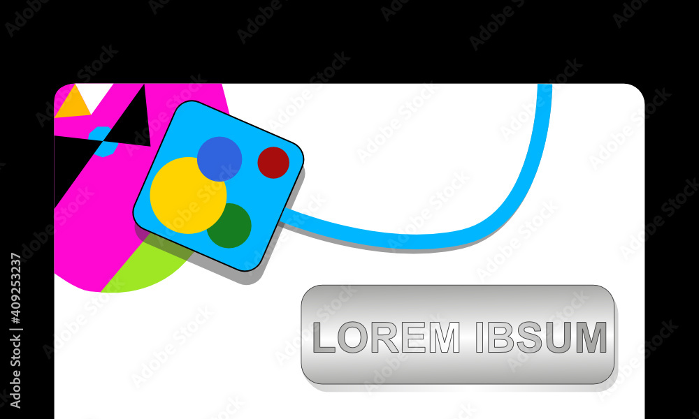 Weiße Fläche mit bunten Formen und einem Peripheriegerät am blauen Kabel vor schwarzem Hintergrund