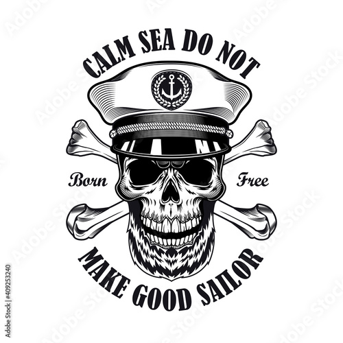 Captain emblem design. Monochrome element with skull in ship captain cap, crossed bones vector illustration with text. Sailing or navigating concept for labels and badges templates