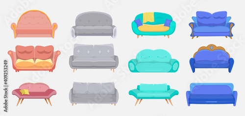 Modern couches set. Sofas for hotels and homes, living room furniture, divans for lounge interior. Vector illustrations for upholstery, apartment design, comfortable house concept