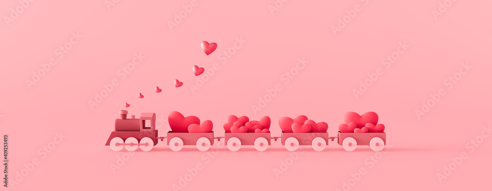 Cute pink train and wagons filled with red hearts. Valentine's day concept on pink background 3d render 3d illustration