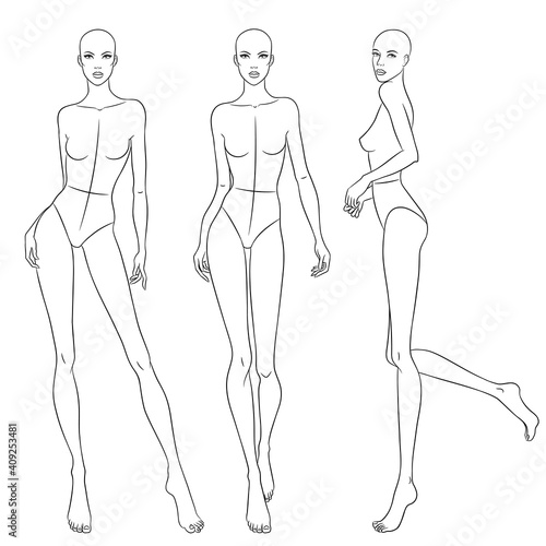 Beautiful slim woman in different poses, vector illustration. Nine head fashion figure template. Female body, front, side and back views.