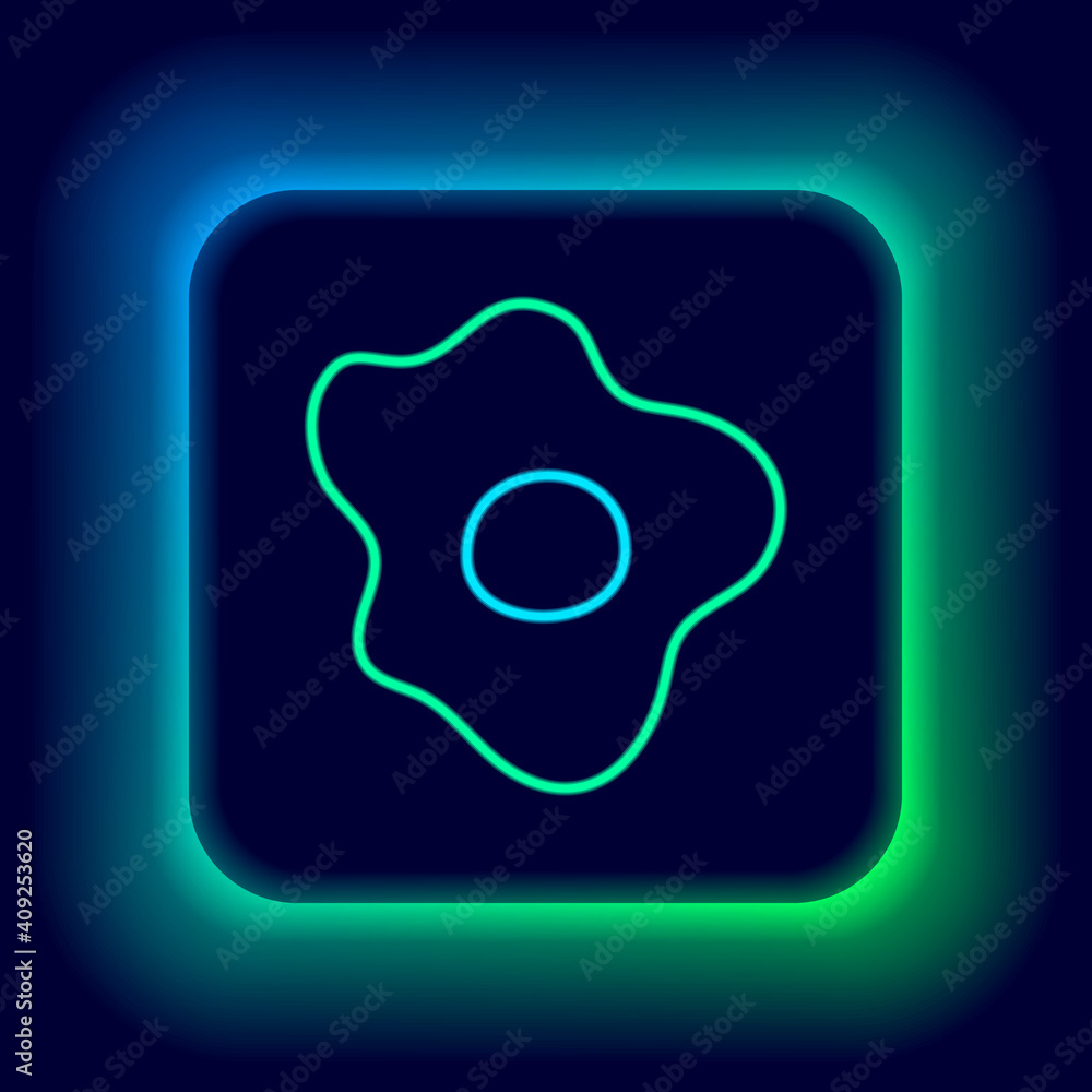 Glowing neon line Scrambled eggs icon isolated on black background. Home cooked food, fried egg, healthy breakfast, omelet icon. Colorful outline concept. Vector.