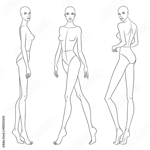 Beautiful slim woman in different poses, vector illustration. Nine head fashion figure template. Female body, front, side and back views.