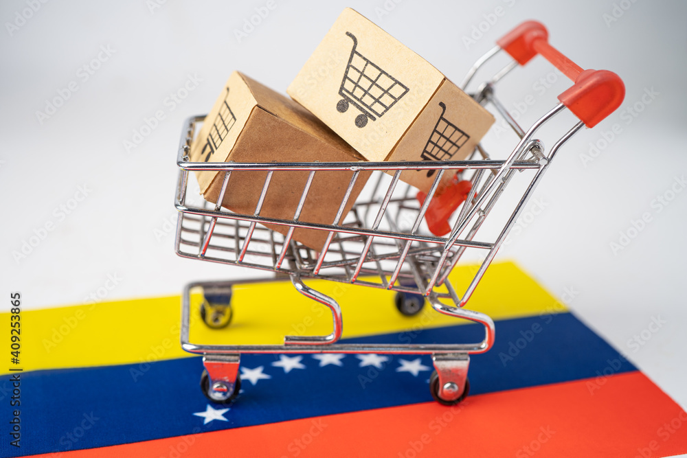 Box with shopping cart logo and venezuela flag, Import Export Shopping online or eCommerce finance delivery service store product shipping, trade, supplier concept.