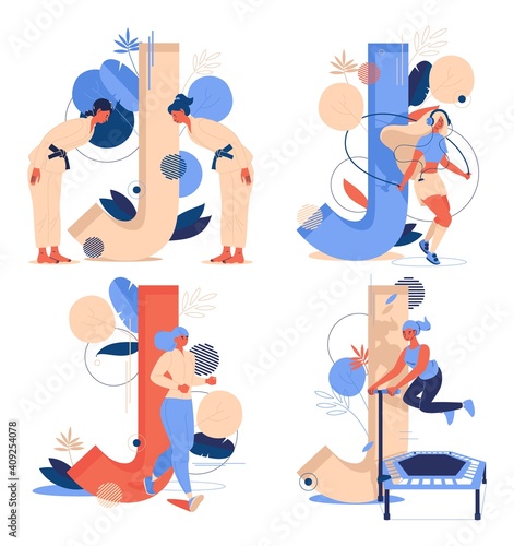 Vector collection with sport letters J. J for skipping rope, judo, jogging and jumping platform and women doing sports activities. Concept abc characters good for logo and gym illustration