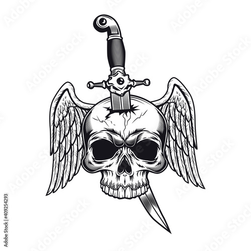 Dagger and wings tattoo design. Monochrome element with skull pierced with knife vector illustration in vintage style. Blade weapon concept for symbols or emblems templates