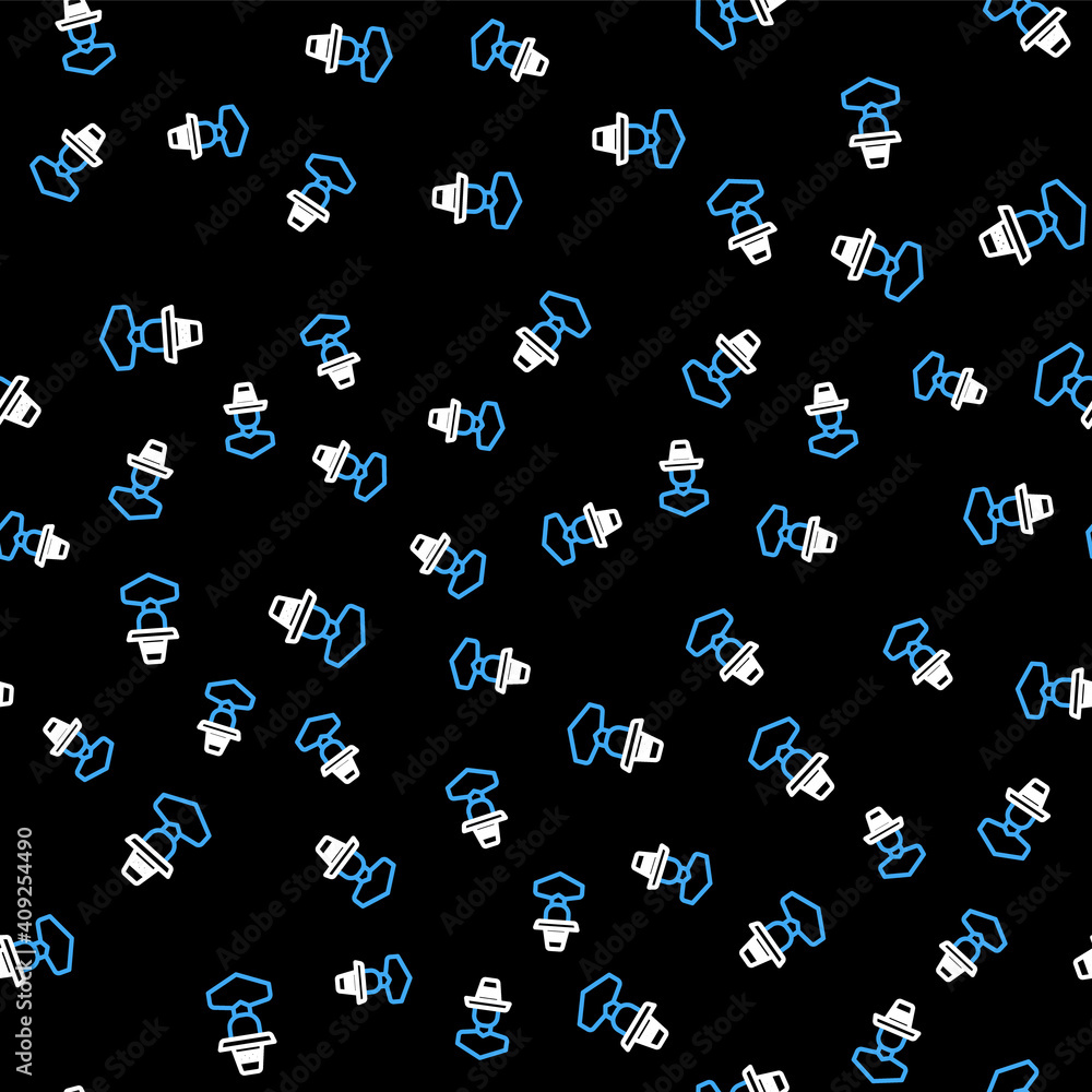 Line Mexican man wearing sombrero icon isolated seamless pattern on black background. Hispanic man with a mustache. Vector. Line Mexican man wearing sombrero icon isolated seamless pattern on black background. Hispanic man with a mustache. Vector.