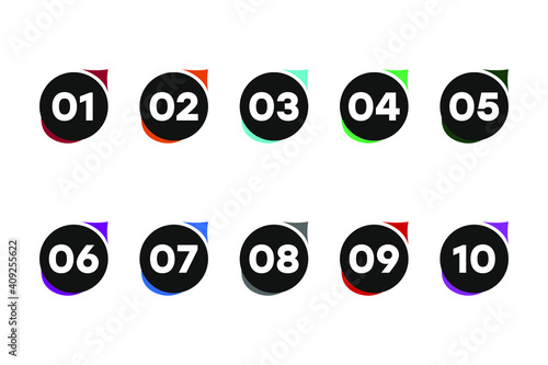 Vector icons, colored numbers. Bullet points numbers one to ten. Label shape vector numbers.