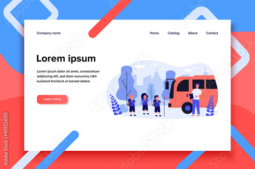 Kids gathering at bus to scouts camp. School children in uniform with teacher flat vector illustration. School activity, travel concept for banner, website design or landing web page