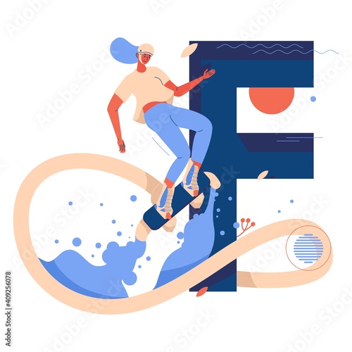 Flyboarding concept illustration with female character in the air and capital letter F on background. Extreme sport and healthy lifestyle woman