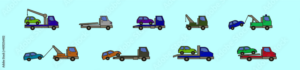 set of towing car cartoon icon design template with various models. vector illustration isolated on blue background set of towing car cartoon icon design template with various models. vector illustration isolated on blue background