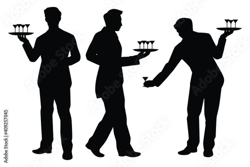 Set of waiter in restaurant silhouette vector on white background
