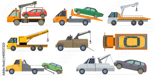 Tow truck set. Heavy carrier with crane towing broken cars isolated on white background. Vector illustration for transportation, road assistance, towage, wrecker concept