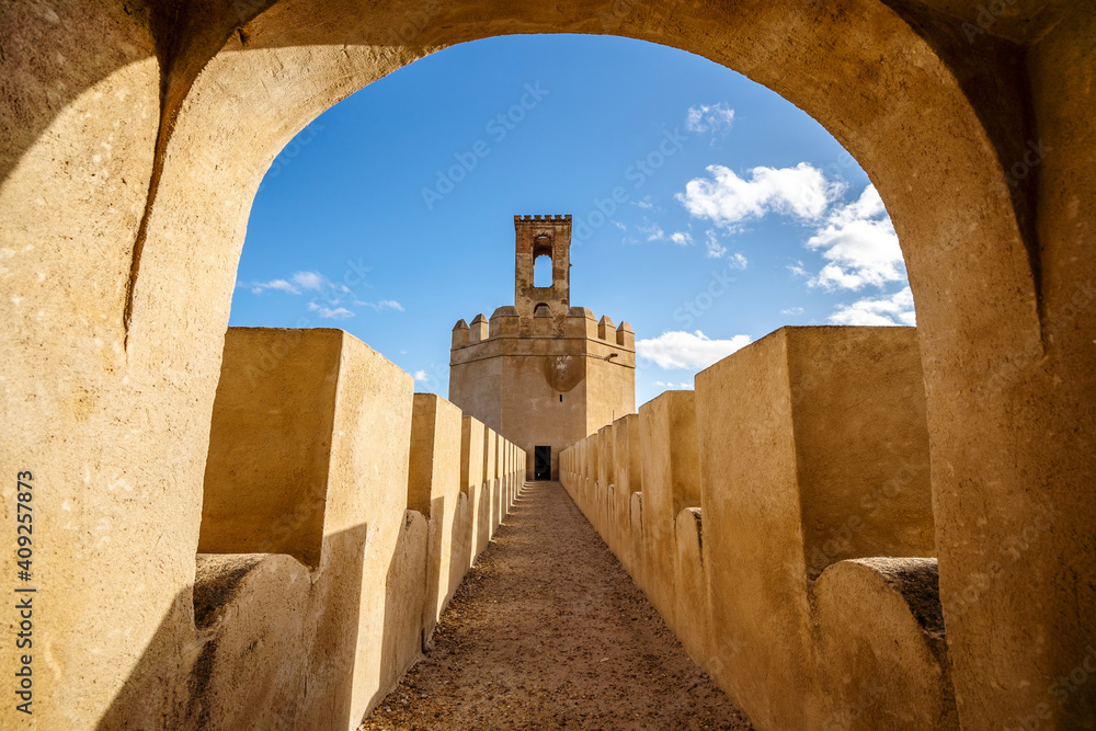 Famous tower in moorish fortified castle called Torre espantaperros, Badajoz, Spain