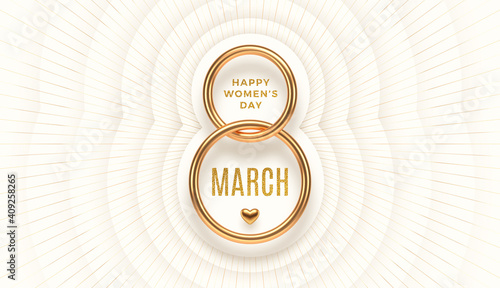 8 March - International women's day vector illustration. Realistic gold number eight and glitter gold greeting on a white layered background with light burst rays.