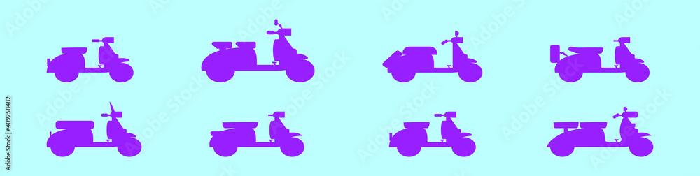 set of scooter cartoon icon design template with various models. modern vector illustration isolated on blue background set of scooter cartoon icon design template with various models. modern vector illustration isolated on blue background