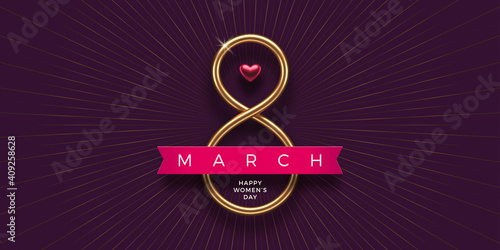 8 March - International women's day greeting card. Realistic golden metal number eight, ruby heart and ribbon on dark purple background. Design for greeting card, invitation, flyer and etc. Vector.