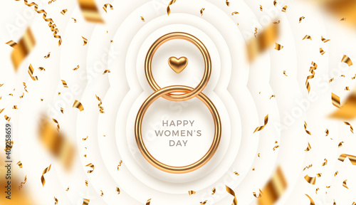 8 March - International women's day vector illustration. Realistic gold metal number eight, heart and falling golden confetti on a paper layered white background. Design for greeting card, invitation.