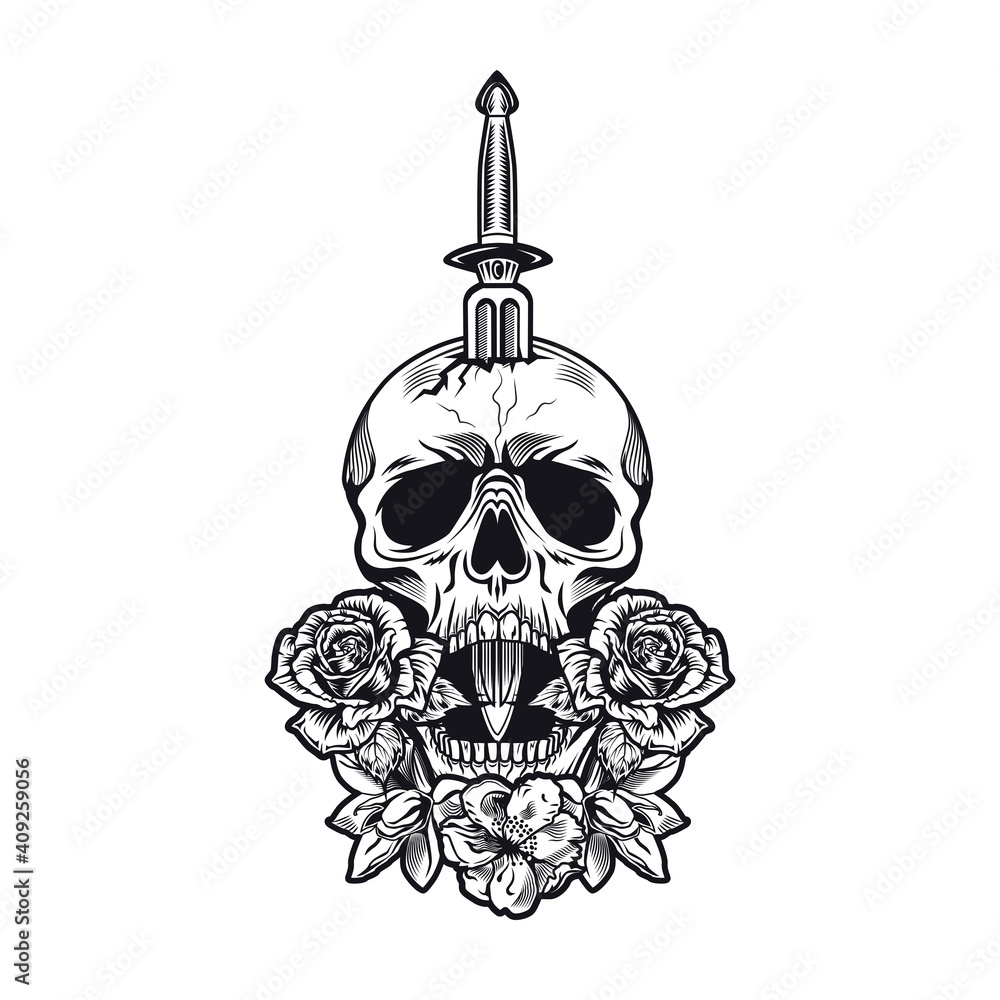 Retro dagger and roses tattoo design. Monochrome element with flowers, skull pierced with knife