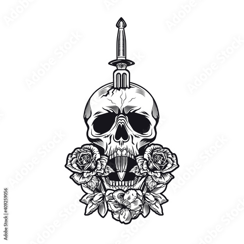 Retro dagger and roses tattoo design. Monochrome element with flowers, skull pierced with knife vector illustration in vintage style. Blade weapon concept for symbols or emblems templates