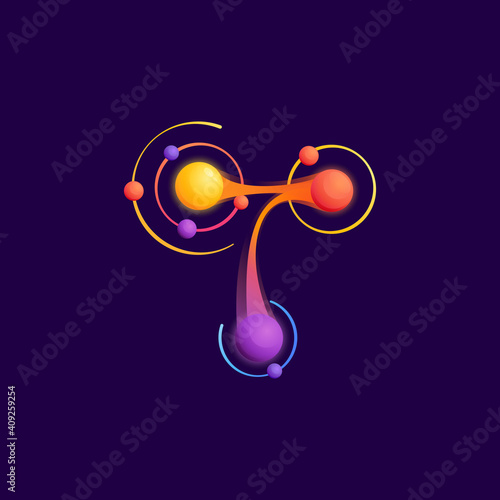 T letter logo with atoms orbits.