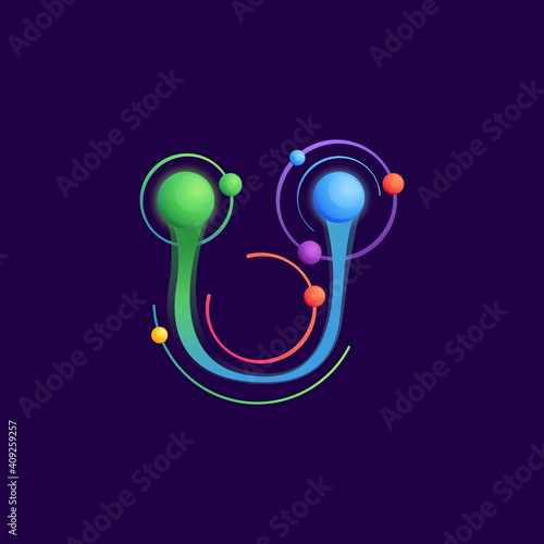 U letter logo with atoms orbits.
