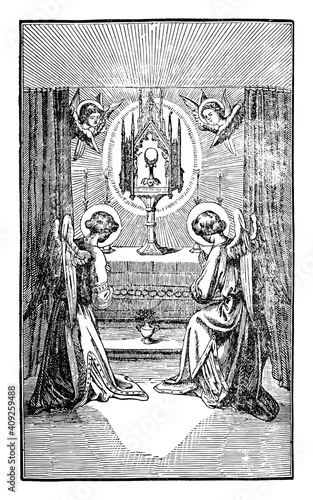 Two cherubs or angels pray to altar with body of Christ, host, sacramental bread or wafer. Antique vintage christian religious engraving or drawing illustration.