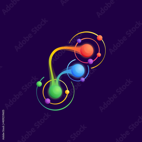 F letter logo with atoms orbits.