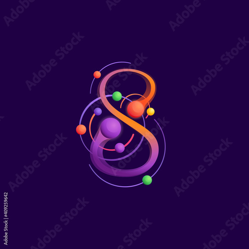 Number eight logo with atoms orbits.