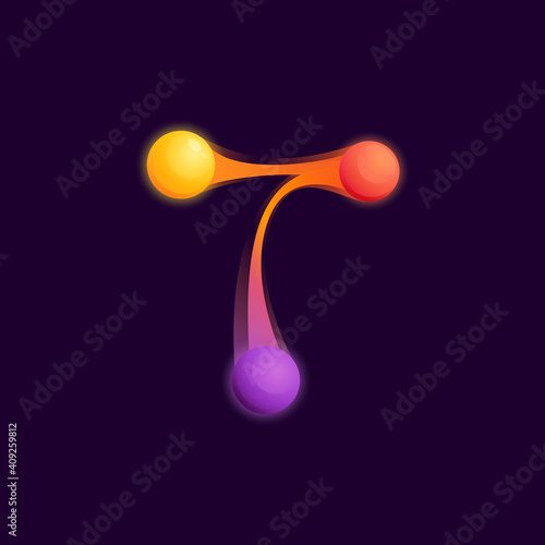 T letter logo with colorful spheres or dots and connecting lines.