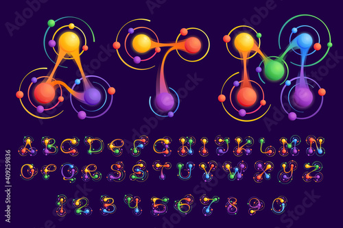 Alphabet and numbers set with atoms orbits.
