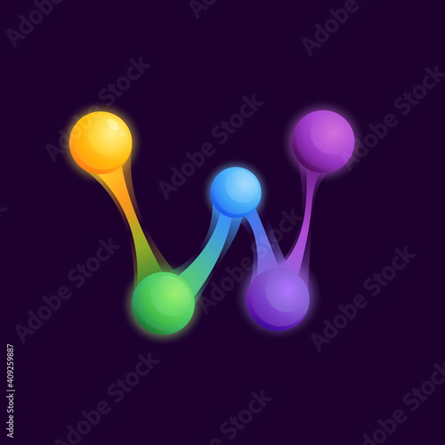 W letter logo with colorful spheres or dots and connecting lines.