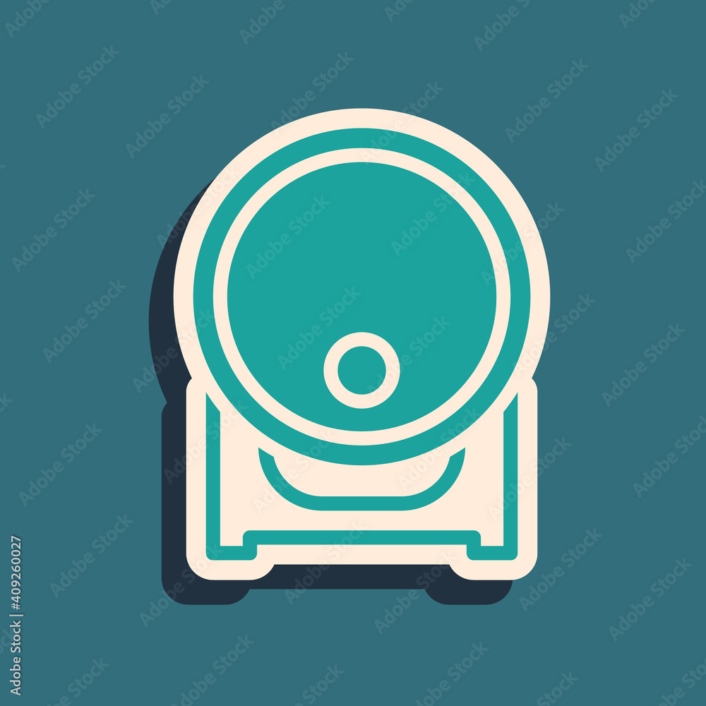 Green Wooden barrel on rack with stopcock icon isolated on green background. Long shadow style. Vector. Green Wooden barrel on rack with stopcock icon isolated on green background. Long shadow style. Vector.