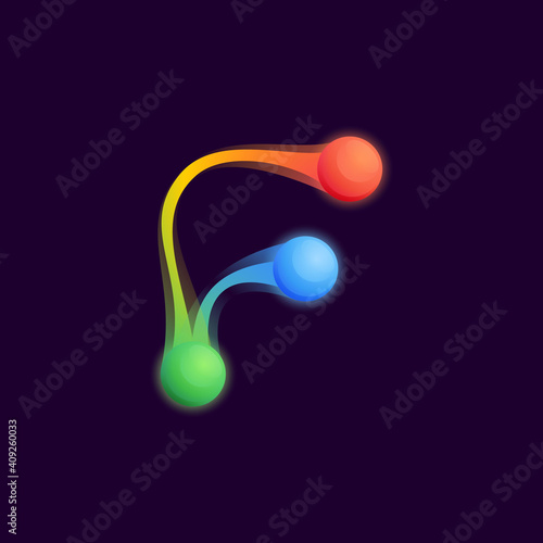F letter logo with colorful spheres or dots and connecting lines.
