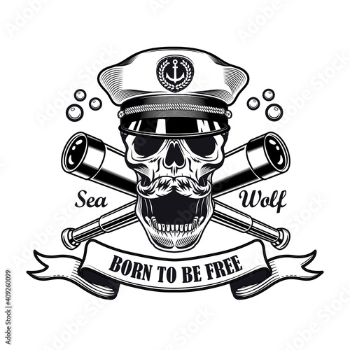 Sailor emblem design. Monochrome element with skull in captain cap, spyglass vector illustration with text on ribbon. Sailing or navigating concept for labels and badges templates
