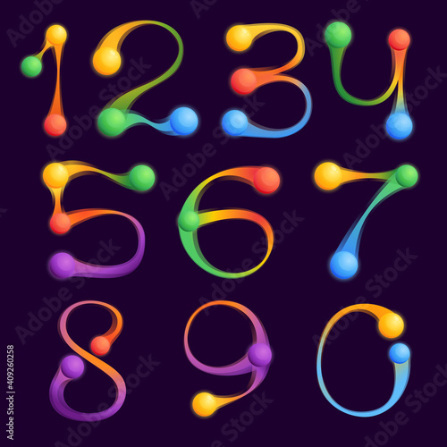 Numbers set with colorful spheres or dots and connecting lines.
