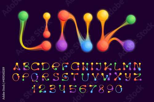 Alphabet and numbers set with colorful spheres or dots and connecting lines.