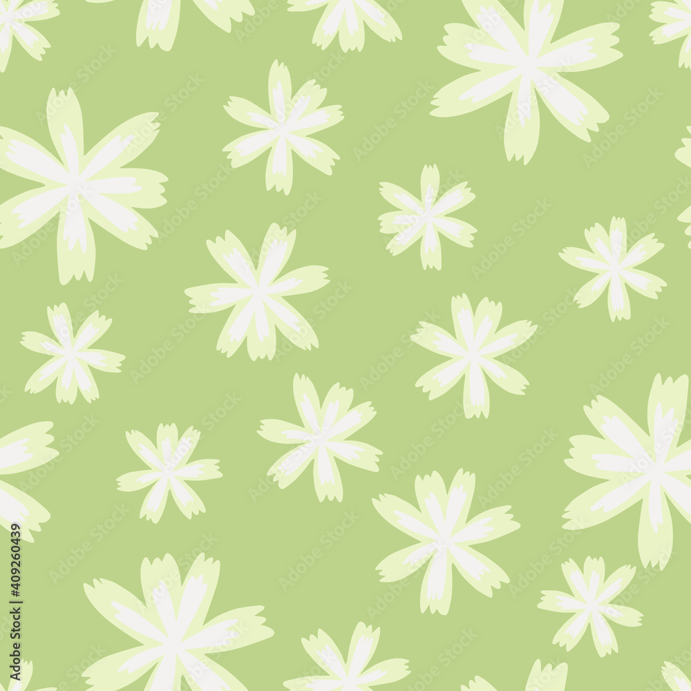 Random simple doodle flowers seamless pattern. Hand drawn ornament. Green pastel background. Random simple doodle flowers seamless pattern. Hand drawn ornament. Green pastel background.