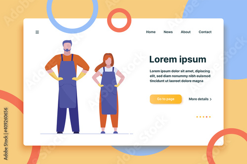 Craftsman and craftswoman standing. Professional workers in uniform holding hands on waist flat vector illustration. Craftsmanship, manufacturing concept for banner, website design or landing web page